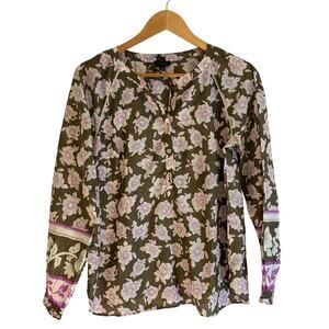 NEW | TALBOTS Blouse Top Boho Green Purple Floral Cotton Fall NWT | Small